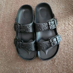 Black Buckle Sandals with Smiley Faces Size 9